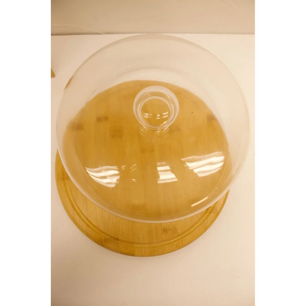 Bamboo Cheese Board with Glass Cloche Dome Round Serving‎ Platter 11 Inch F-5